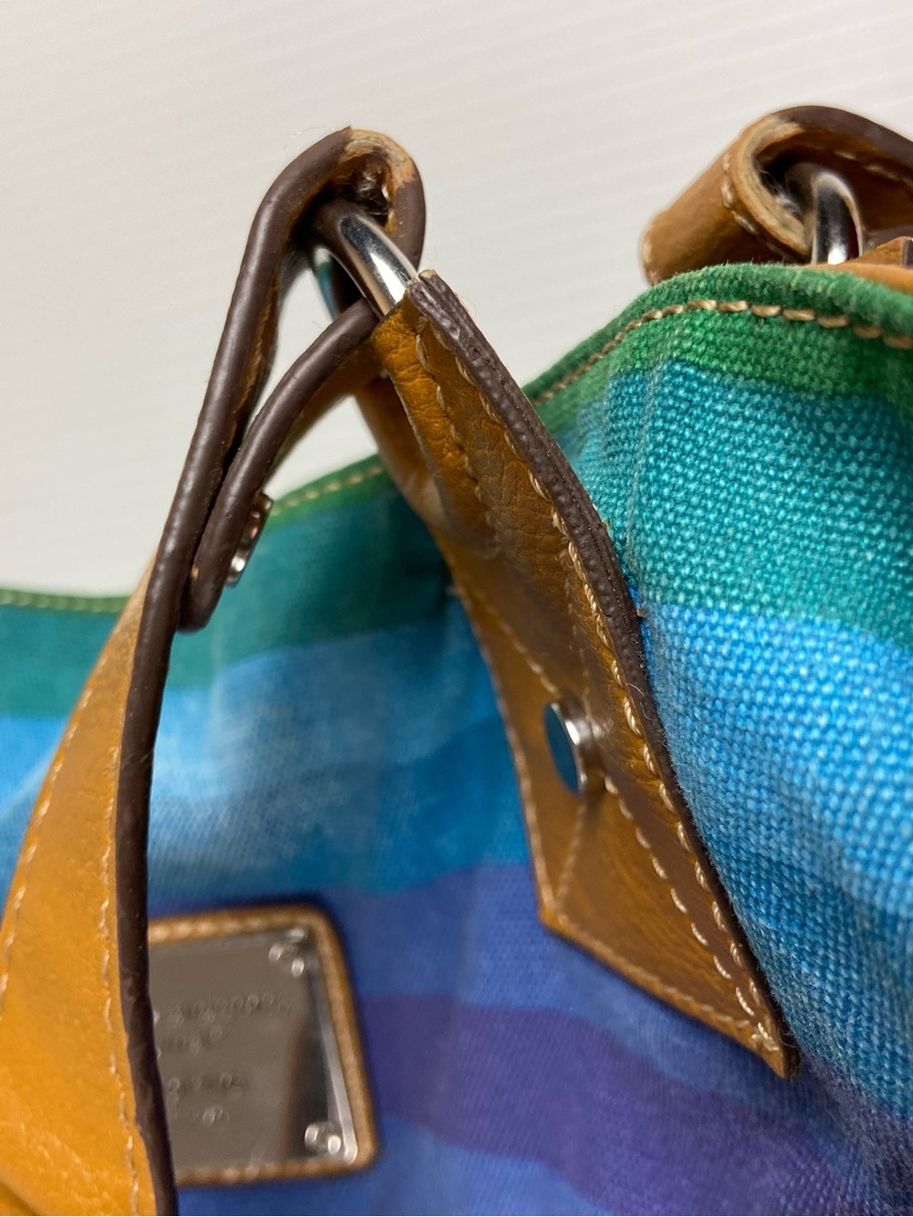 Liz Claiborne Blue Green Striped Canvas Tote Shoulder Bag - Picture 11 of 12